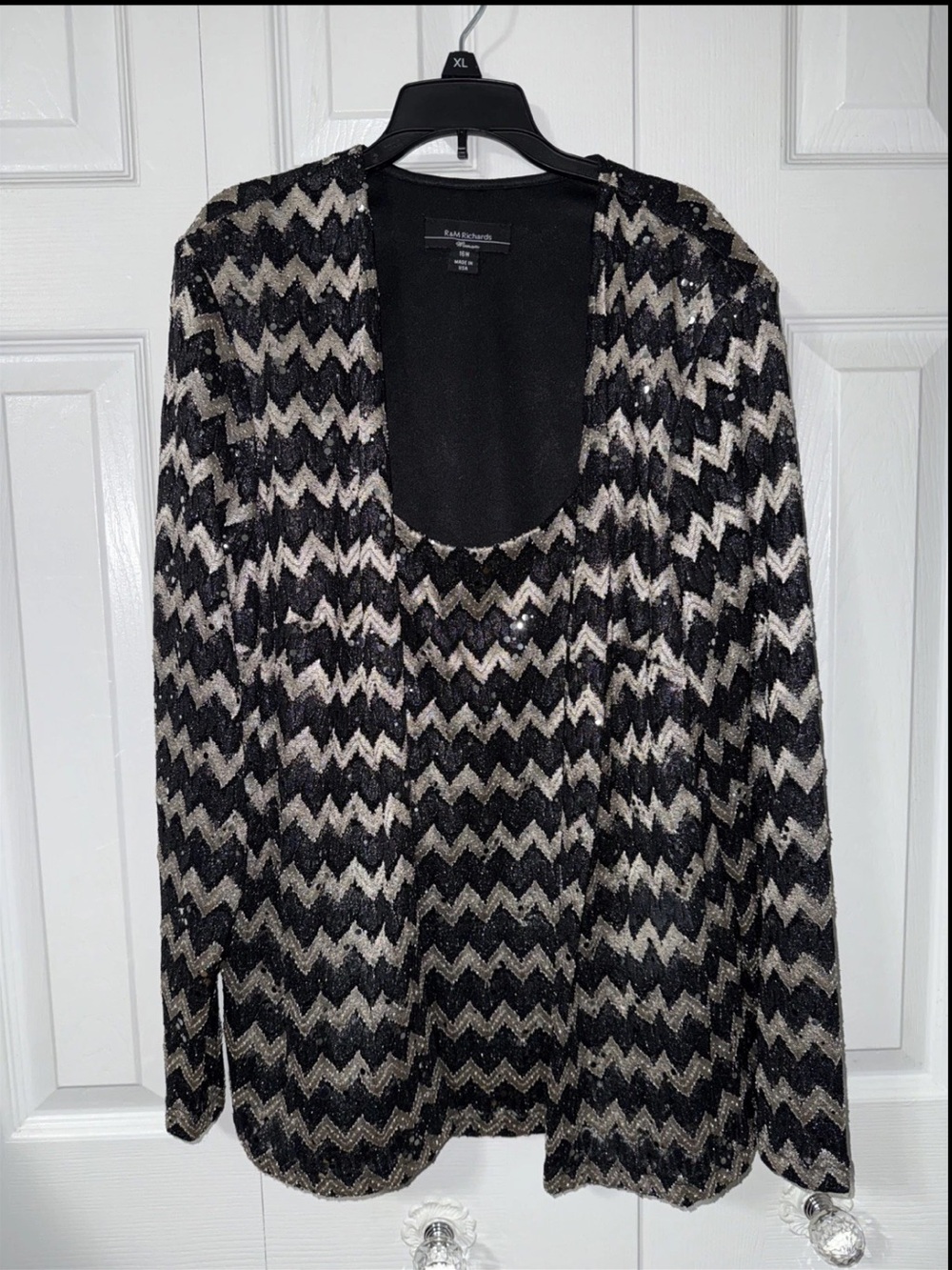 R&M Richards Black and Cream Sequin Chevron Cardigan Set